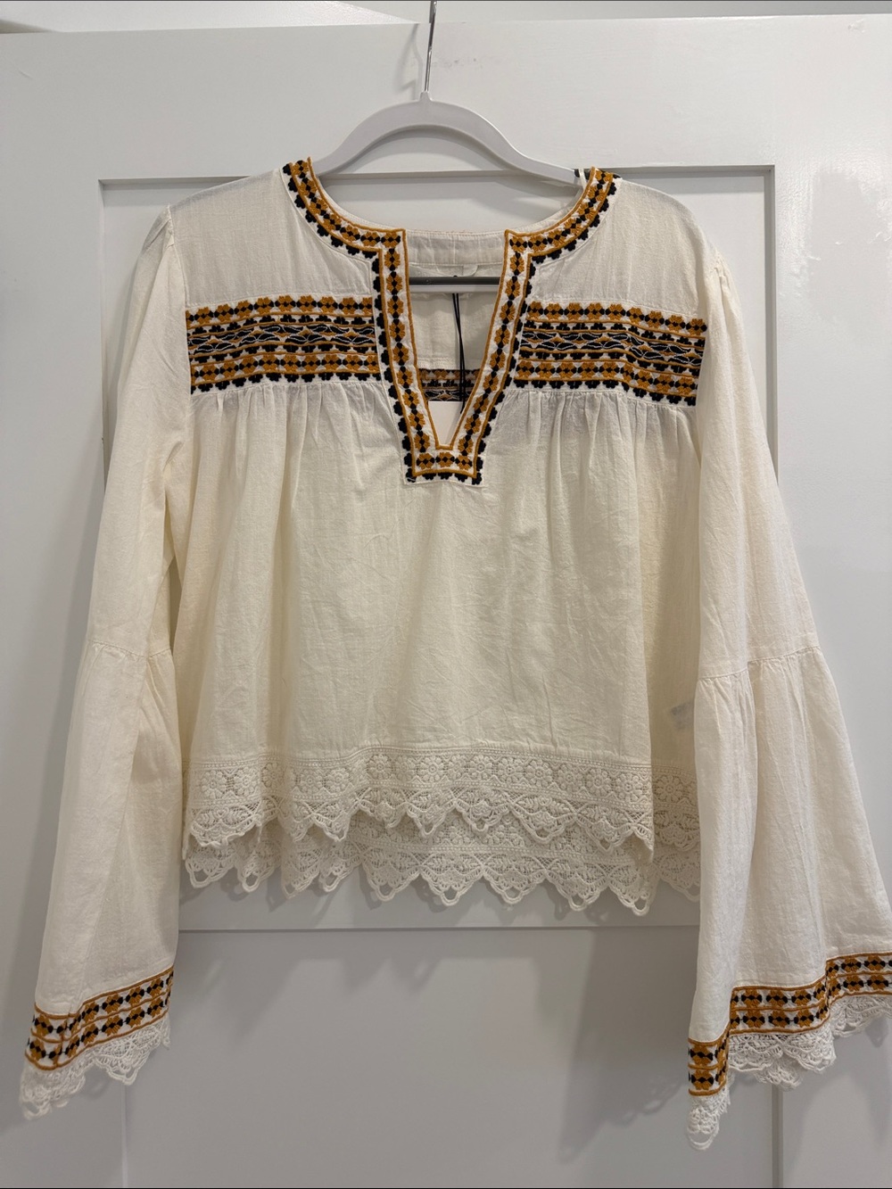 Zara Boho 100% Cotton Embroidered Ivory Peasant Top with Mustard Trim Size Med